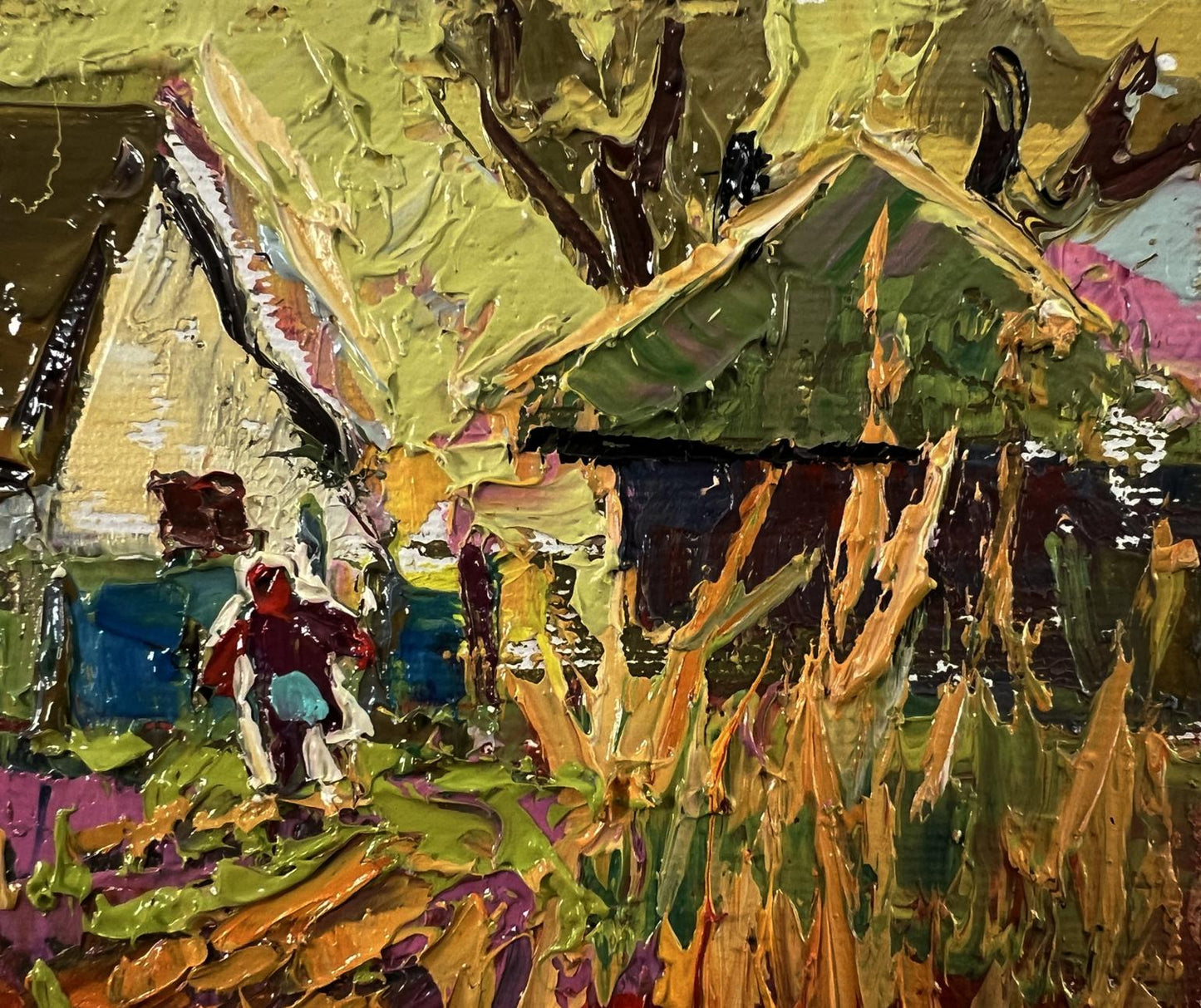 Oil painting Warm autumn in the village by Oleksiy Ivanyuk, vibrant impressionist rustic house