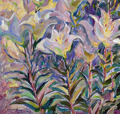 Vibrant oil painting Lilies in the garden by Leonid Pavlenko
