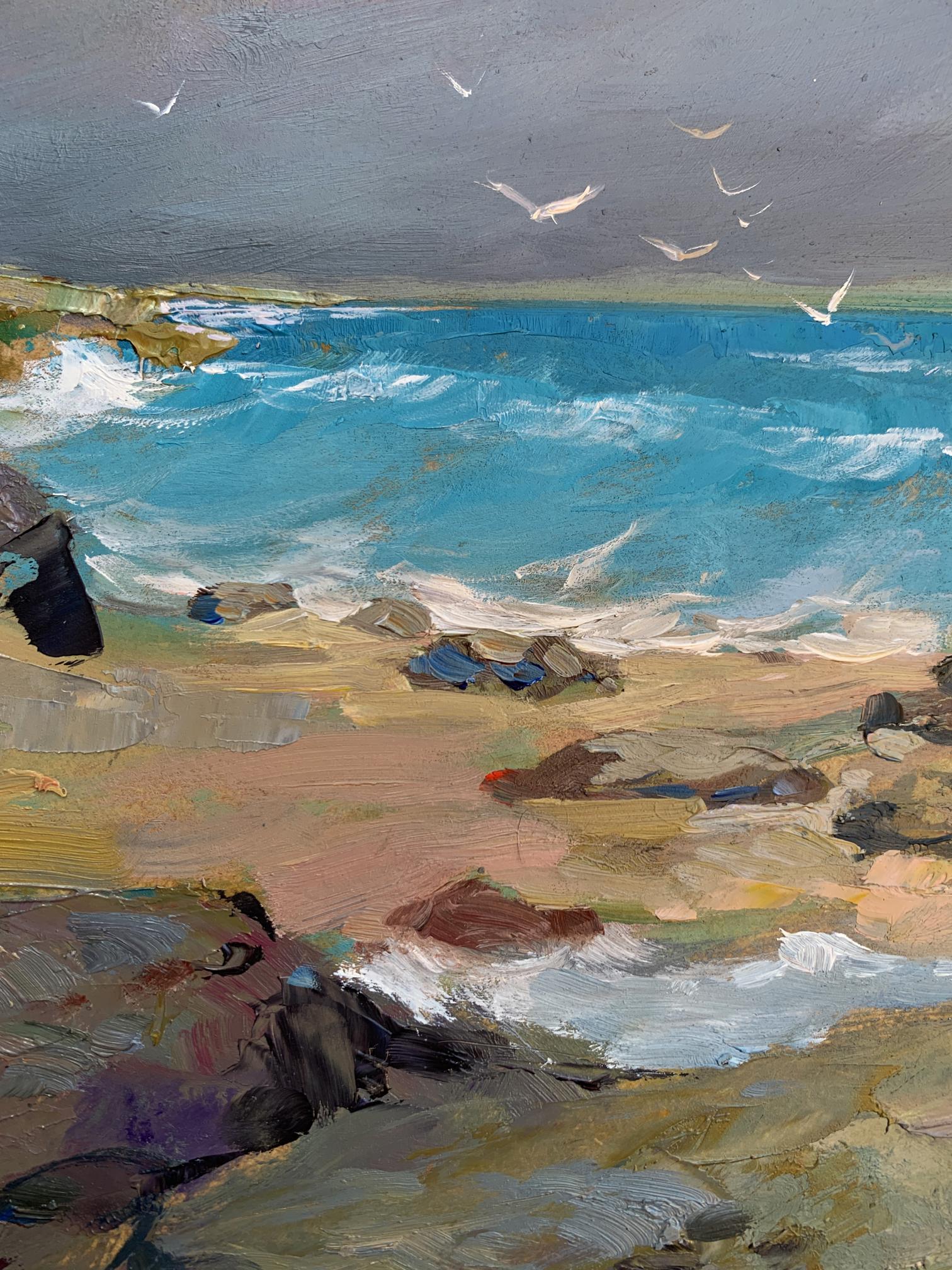 Oil painting of white seagulls on seashore with turbulent turquoise waves by Yuriy Suprunchuk