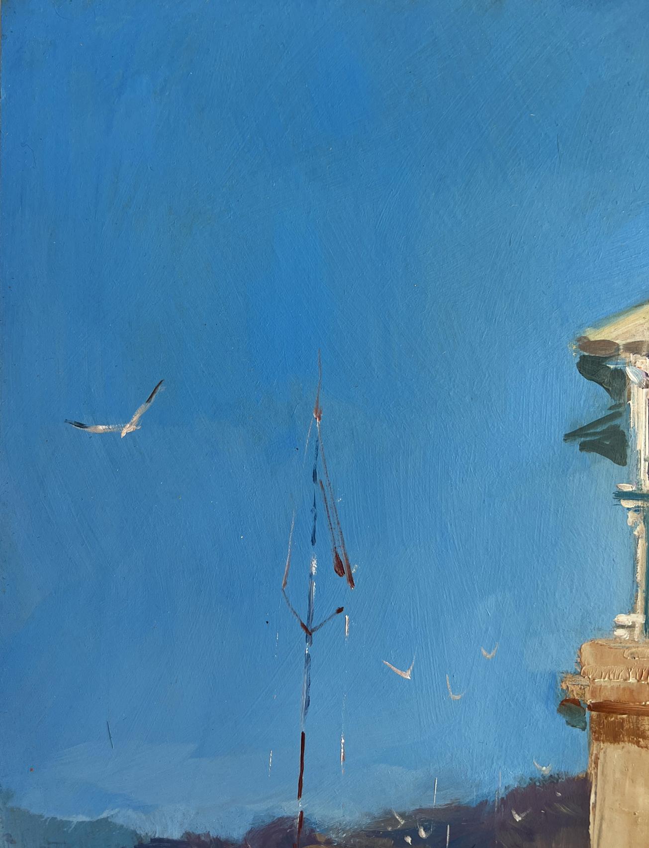 Oil painting Waiting for the Tide by Yuriy Suprunchuk: tall antenna on blue sky