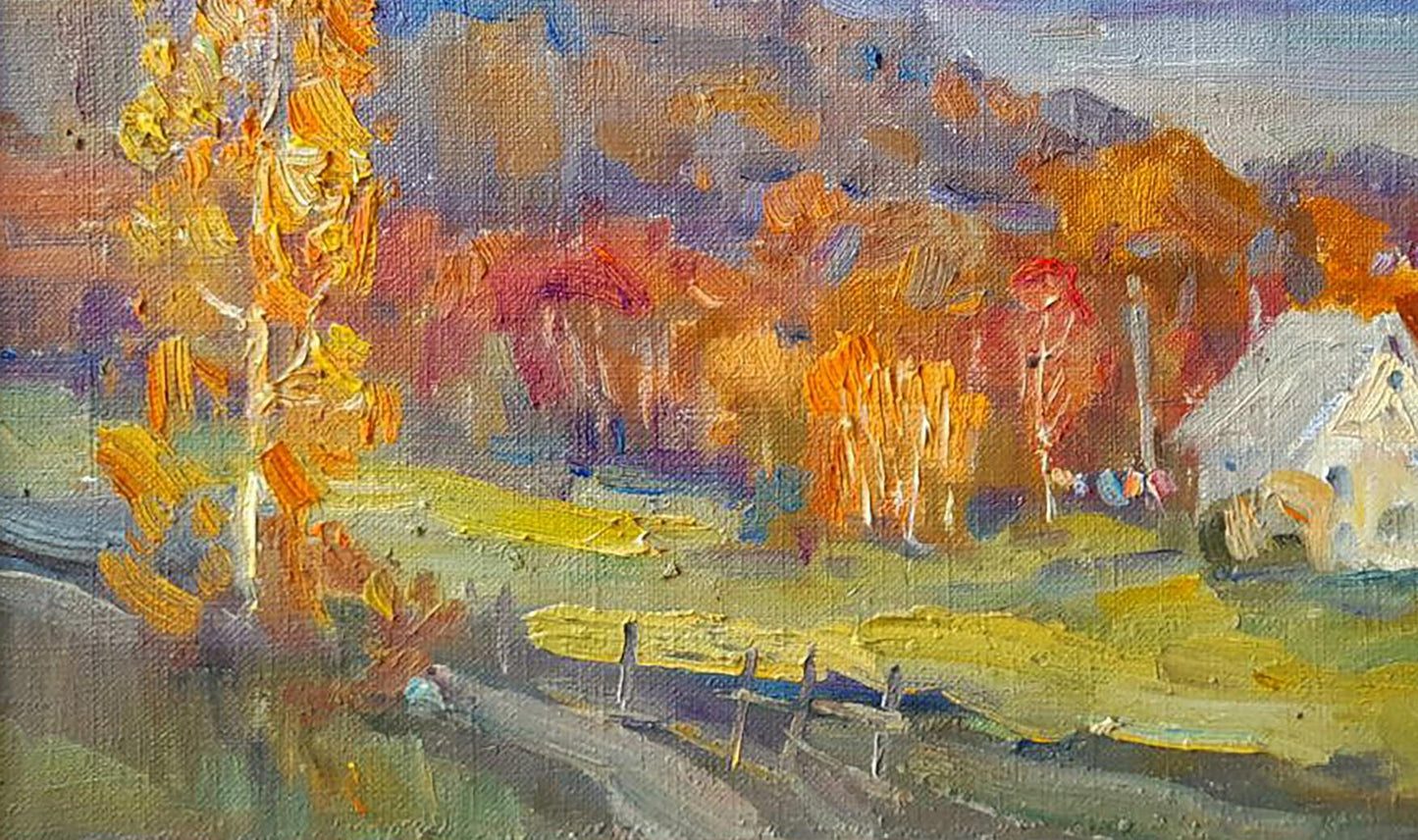 Oil painting In the autumn mountains by Ivan Kovalenko, vibrant fall trees and house