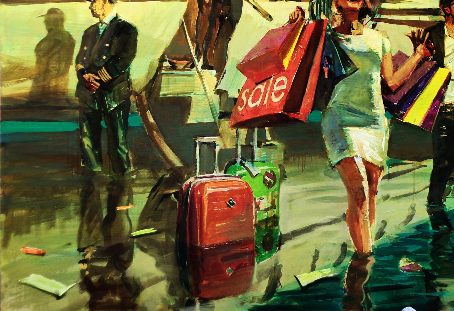 Oil painting by Charter Ed Potapenkov: red and green suitcases in water