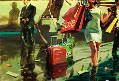 Oil painting by Charter Ed Potapenkov: red and green suitcases in water