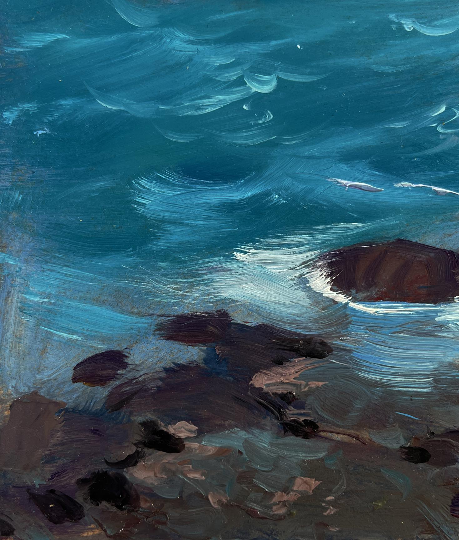 Textured impressionist oil painting of boat on rocky seashore by Yuriy Suprunchuk