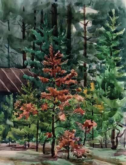 Watercolor painting Quiet refuge in green forest by Vitaly Duhnevich