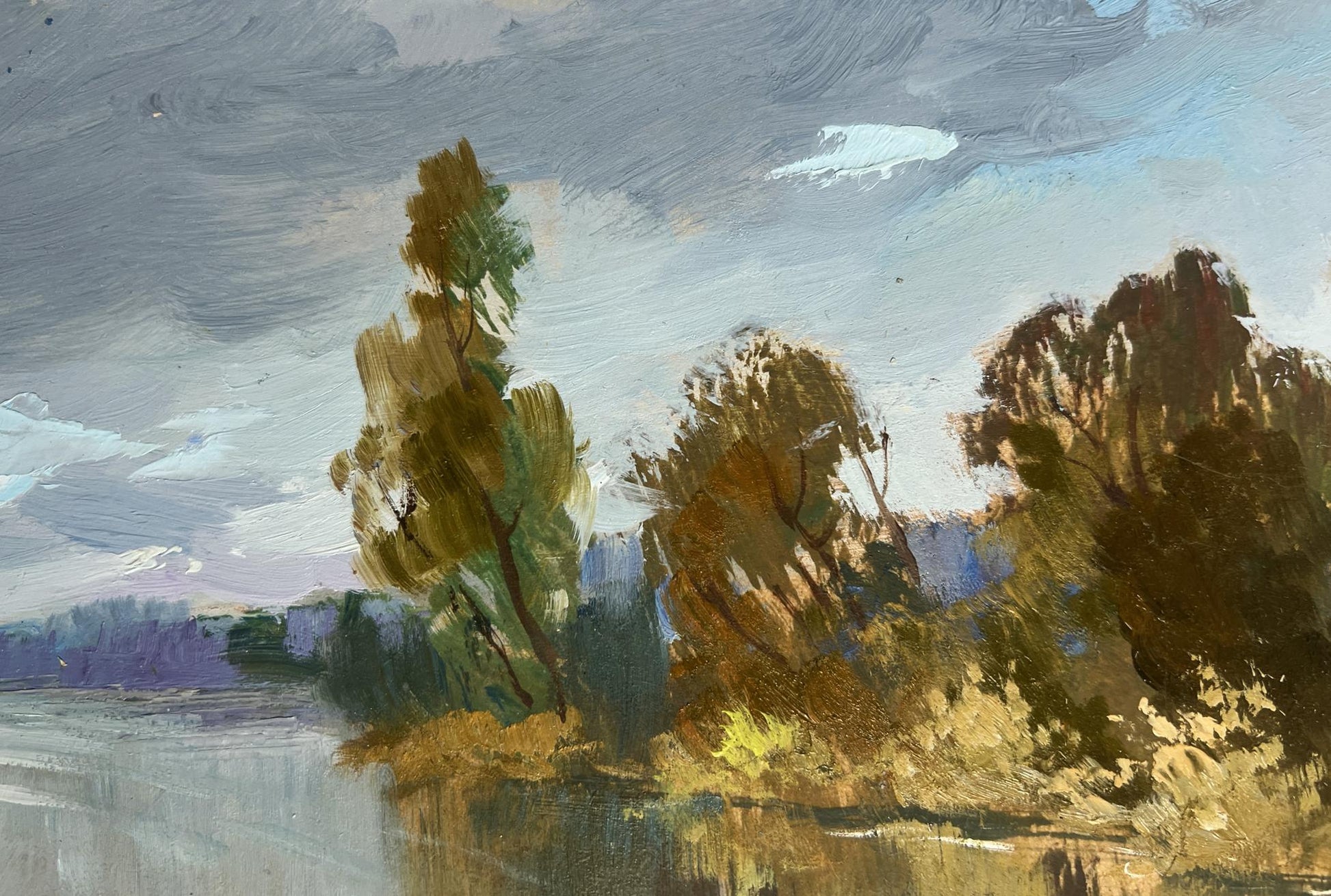 Oil painting of ferry on long river with golden trees by Yuriy Suprunchuk