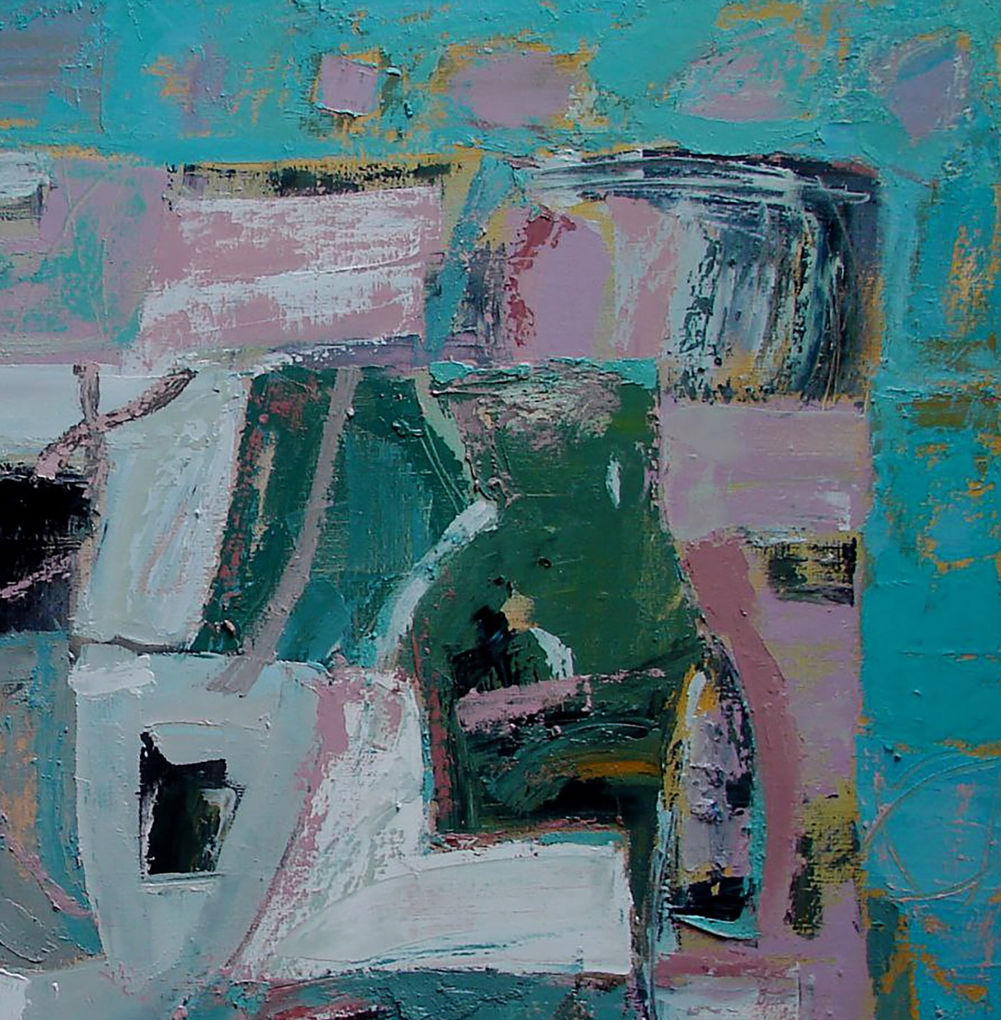 Abstract Adriatic Cubism oil painting by Tatyana Shulyak in teal, pink, green, white