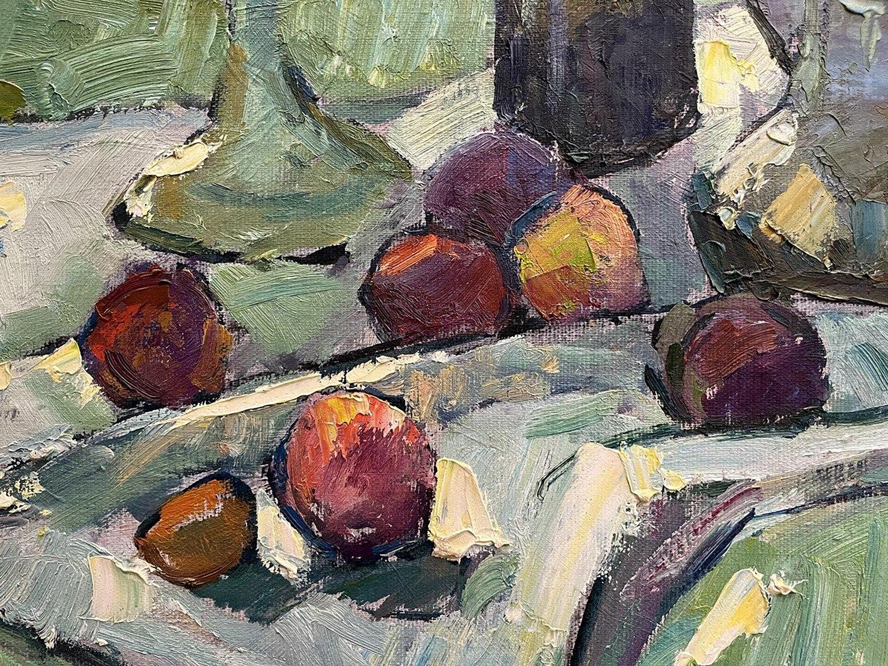 Oil painting of plump purple fruits on green surface by Oleksandr Andreev