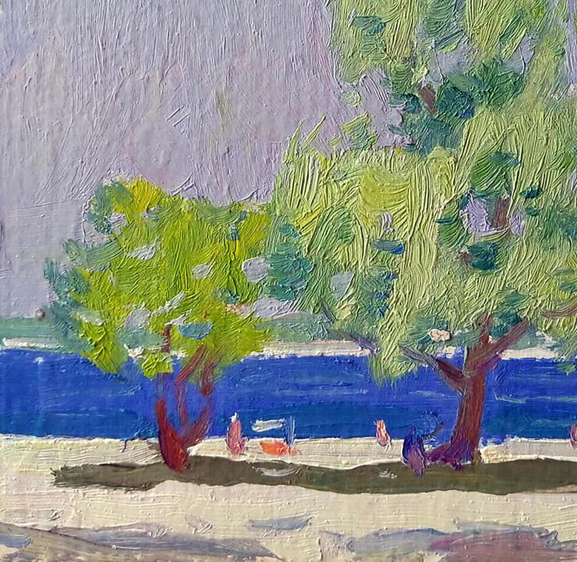 Oil painting Sea shore by Yury Konovalov: vibrant green trees on sandy shore