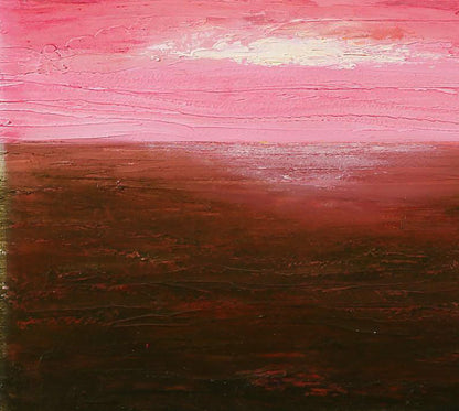 Oil painting Sunrise by Andriy Klishyn: vibrant pink sky over reddish-brown horizon