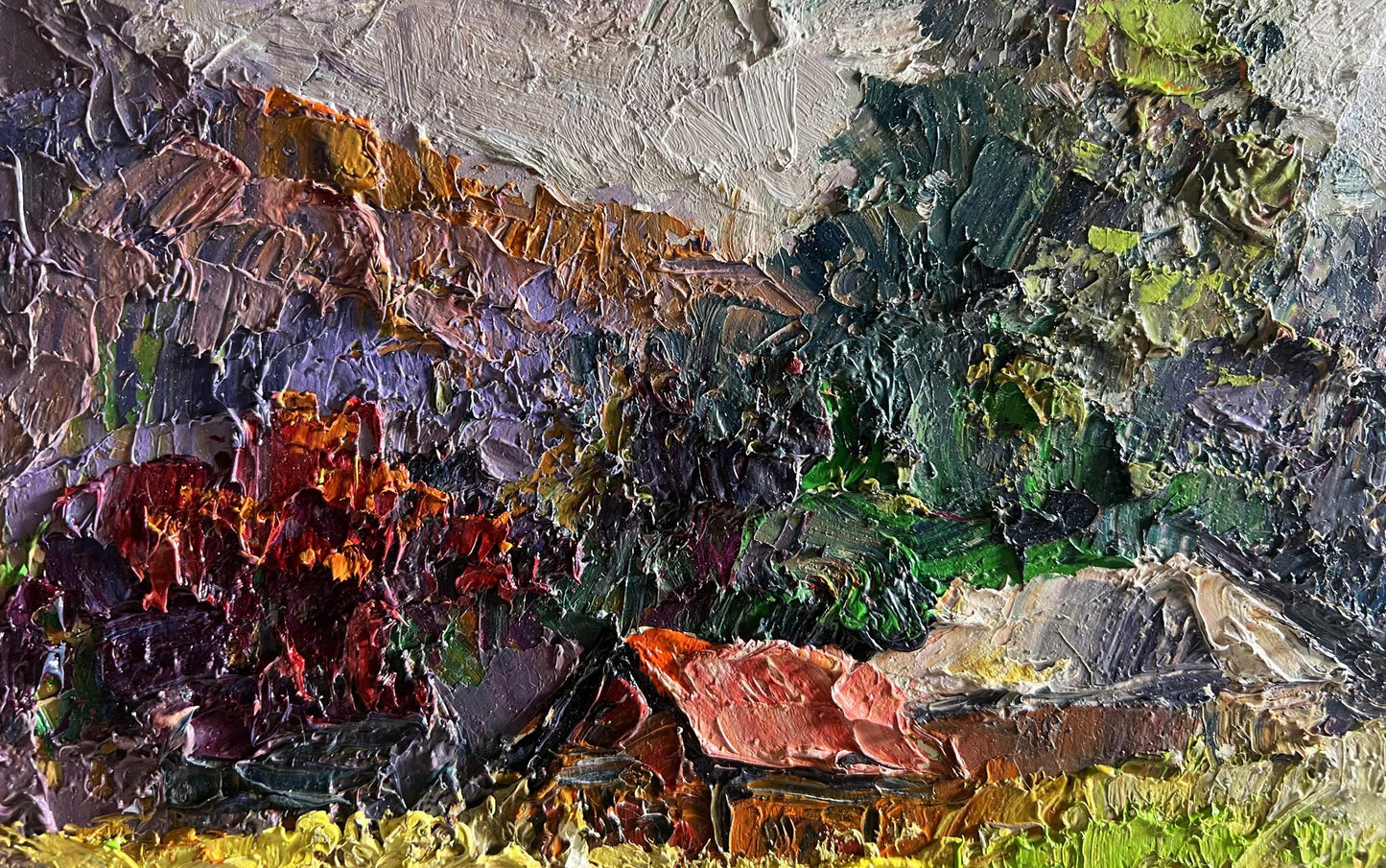 Oil painting Autumn in the mountains by Boris Serdyuk, textured earthy tones