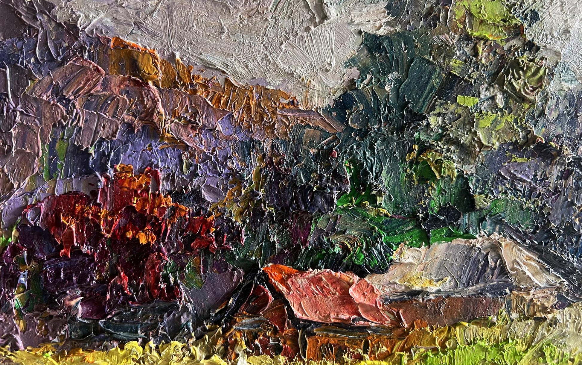 Oil painting Autumn in the mountains by Boris Serdyuk, textured earthy tones