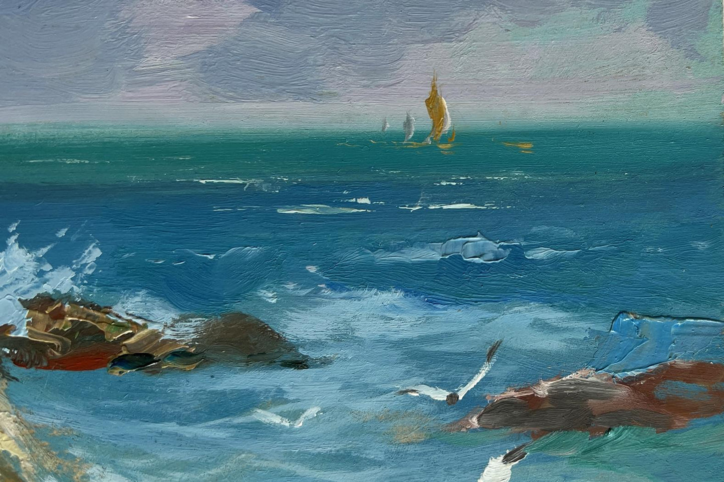 Oil painting of sailboats on sea horizon by Yuriy Suprunchuk