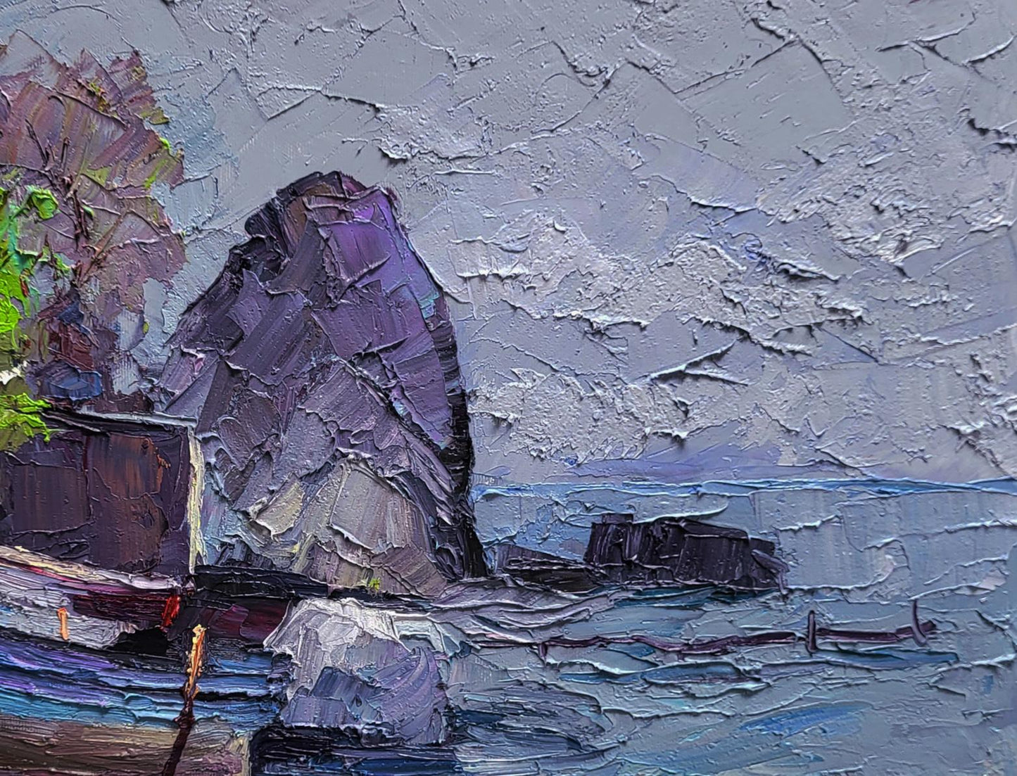 Impressionistic oil painting of purple rock in calm sea morning by Boris Serdyuk