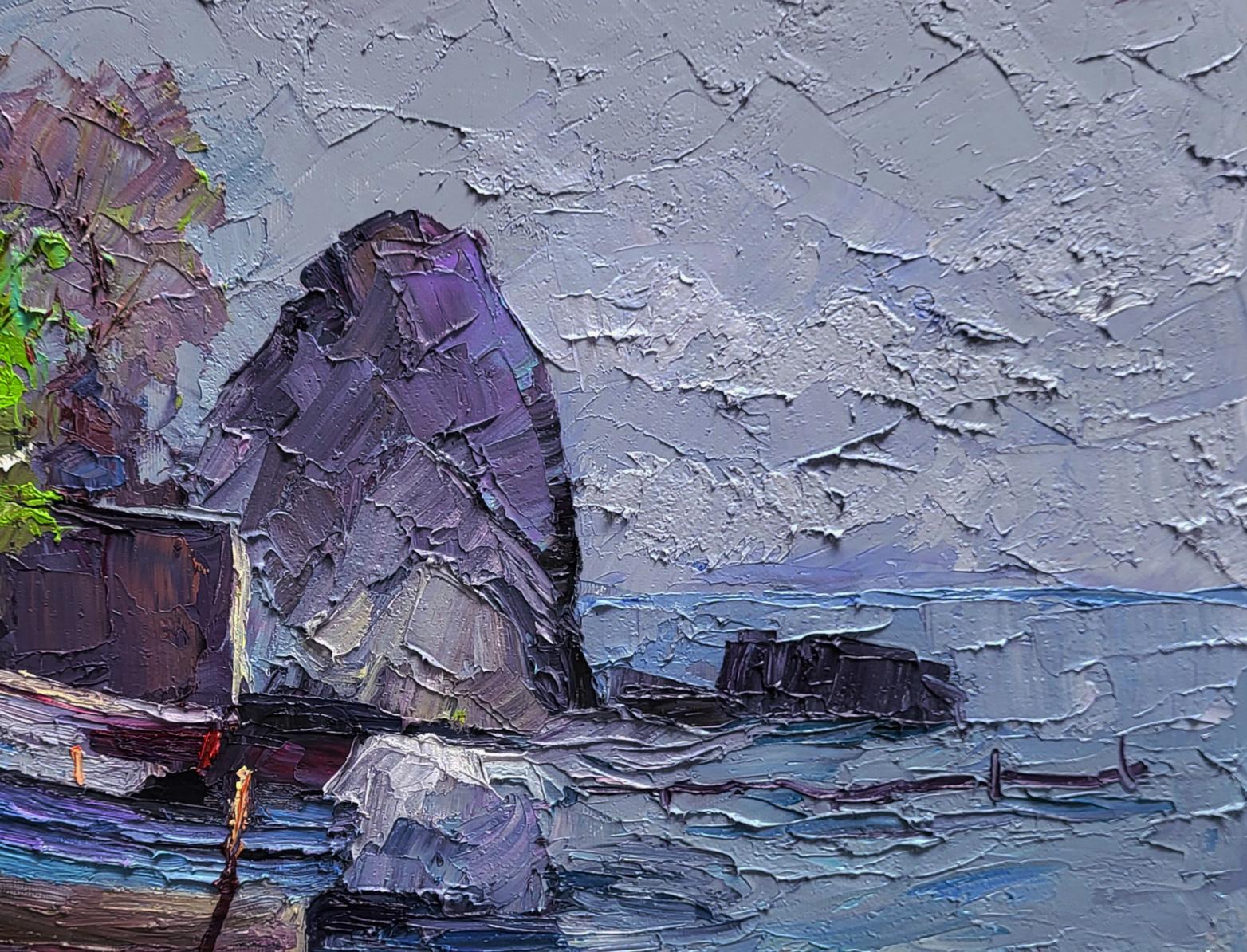 Impressionistic oil painting of purple rock in calm sea morning by Boris Serdyuk
