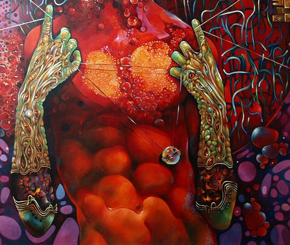 Oil painting Agnihotra by Konsta G. Amelinn: biomechanical hands grip glowing heart