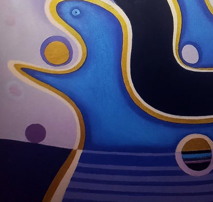 Abstract canvas painting featuring bold blue, black, and gold shapes with purple accents.