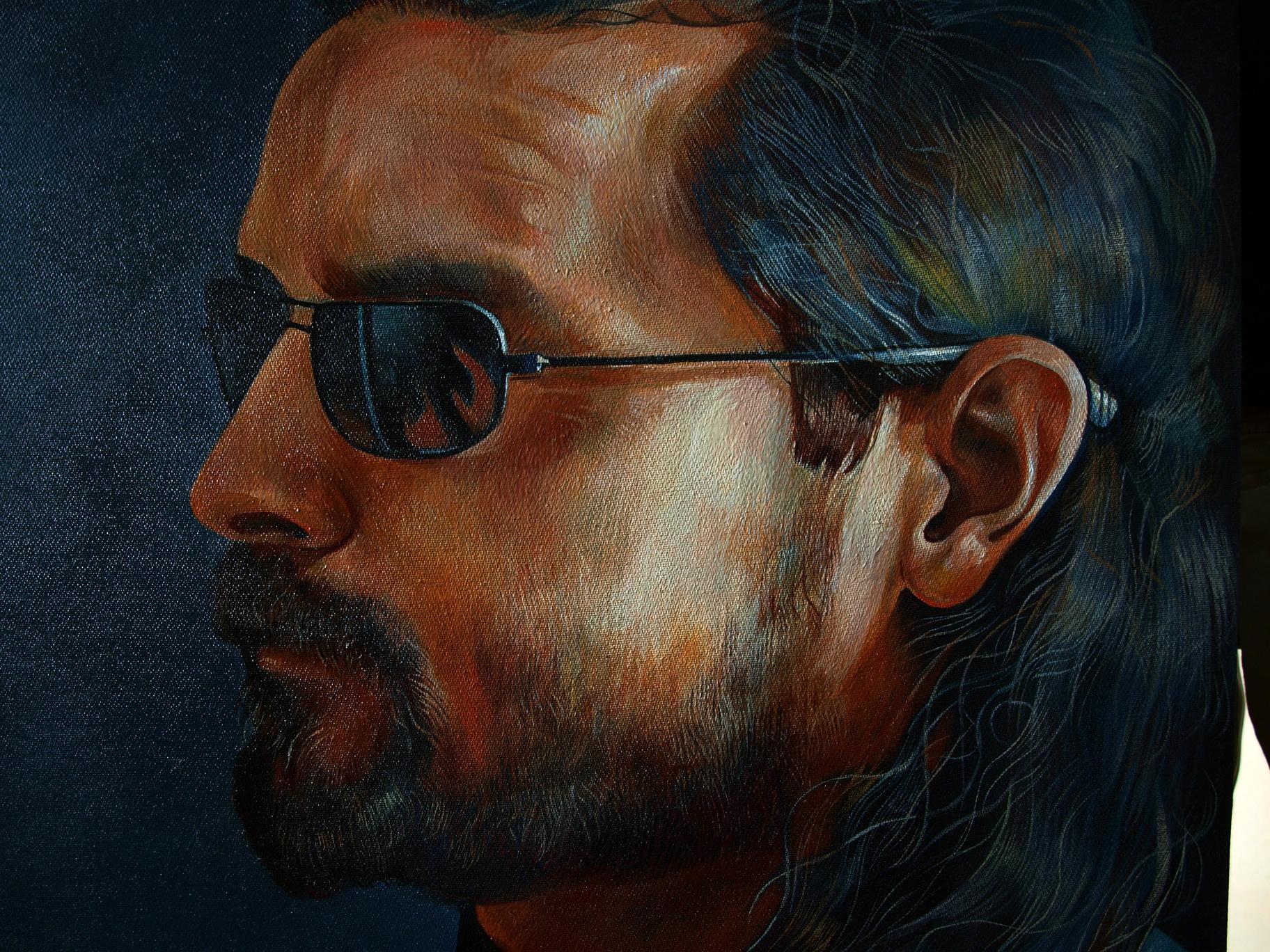 Oil painting portrait of Gemarmen Konsta G. Amelinn in profile with sunglasses