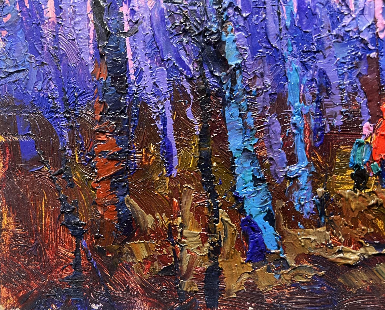 Vibrant impressionist oil painting of frosty forest by Oksana Ivanyuk