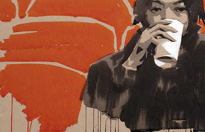 Stylized black-and-white moviegoer by Dima Filatov holding cup on orange beige background