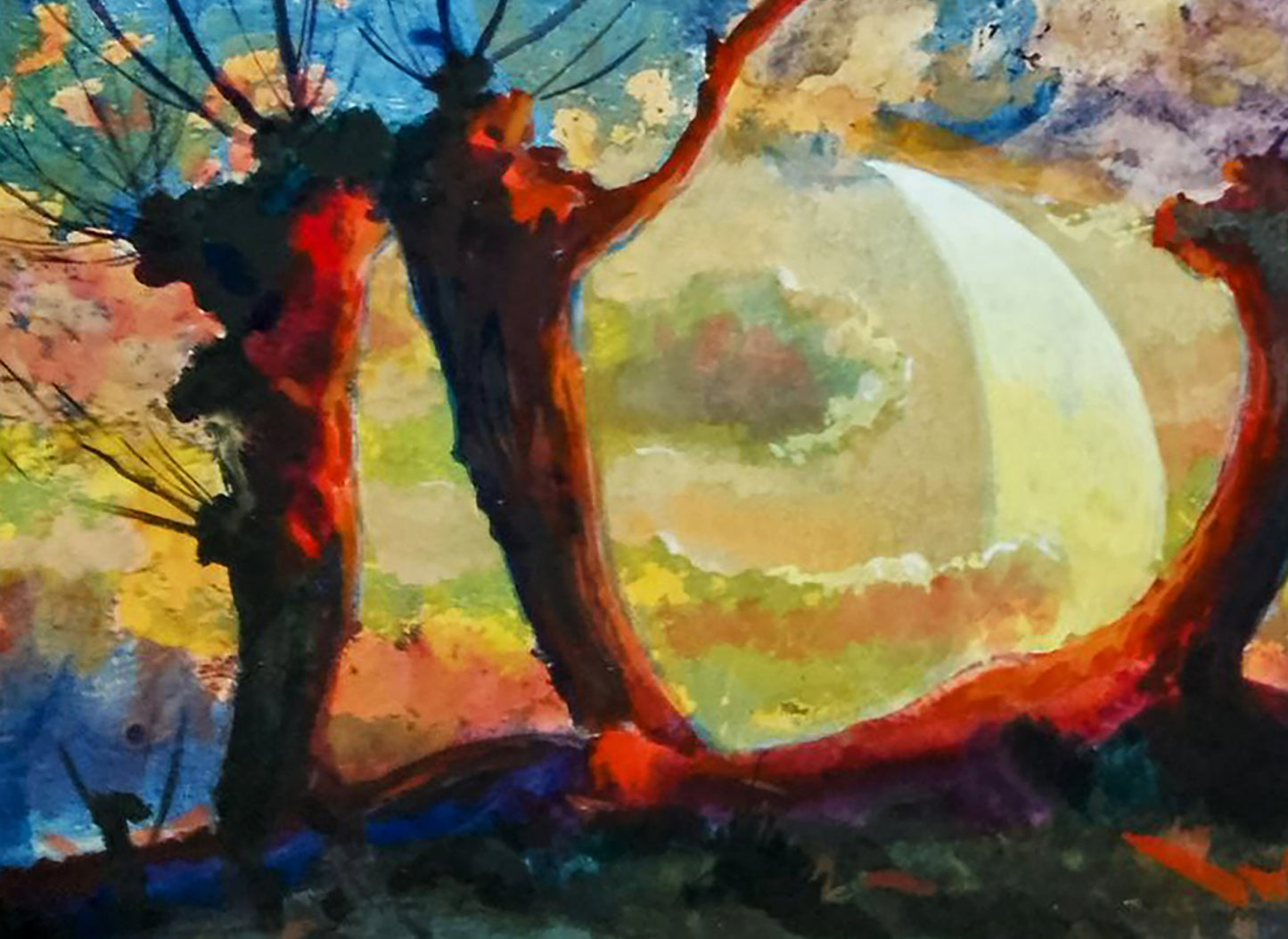 Oil painting Romantic evening by Vitaly Duhnevich: stylized trees in vibrant watercolor sky