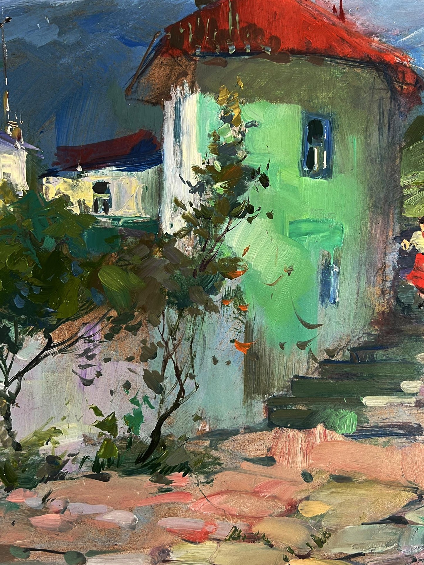 Vibrant green house with red roof in Yuriy Suprunchuk oil painting