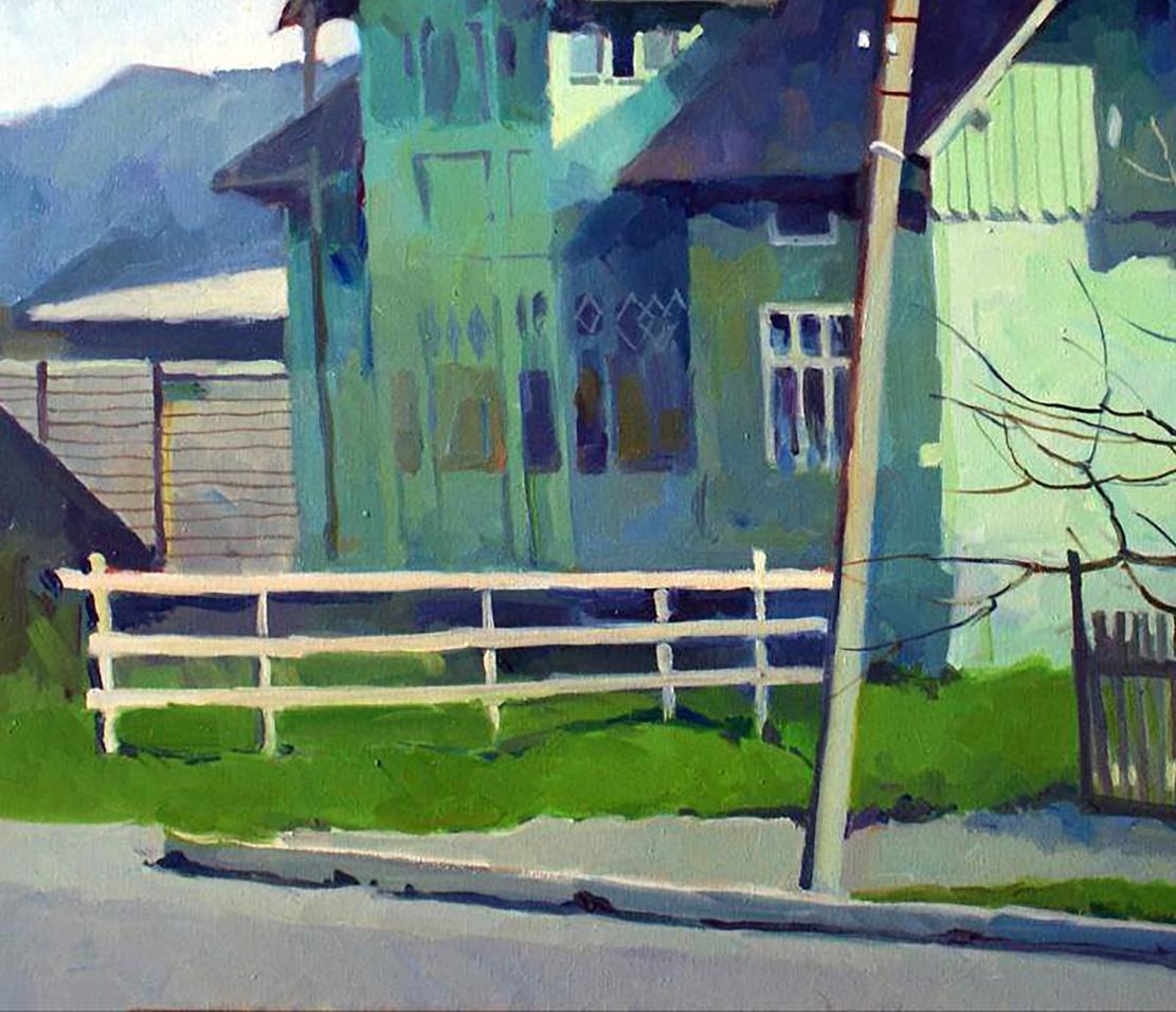 Oil painting of weathered green house by Anastasia Yaroshevich