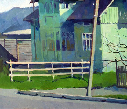Oil painting of weathered green house by Anastasia Yaroshevich