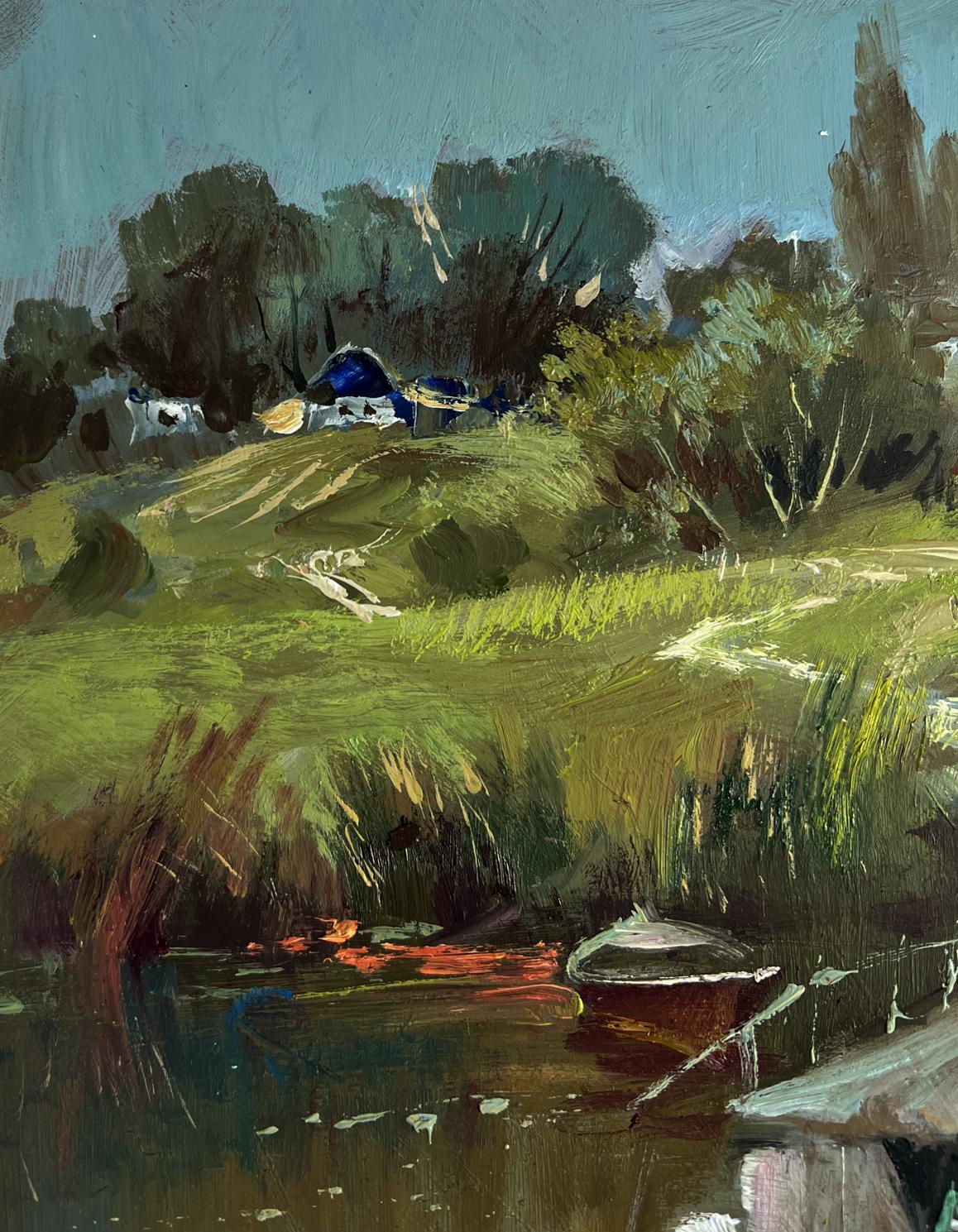 Oil painting of rustic red boat under white canopy in calm water by Yuriy Suprunchuk