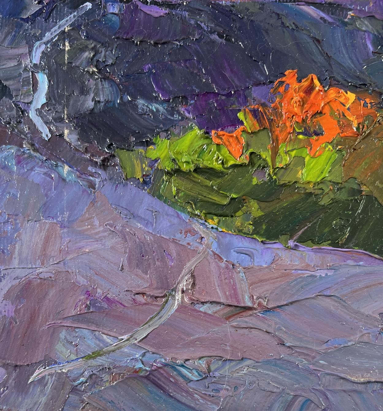 Vibrant orange green flower oil painting Castle on the Hill by Boris Serdyuk