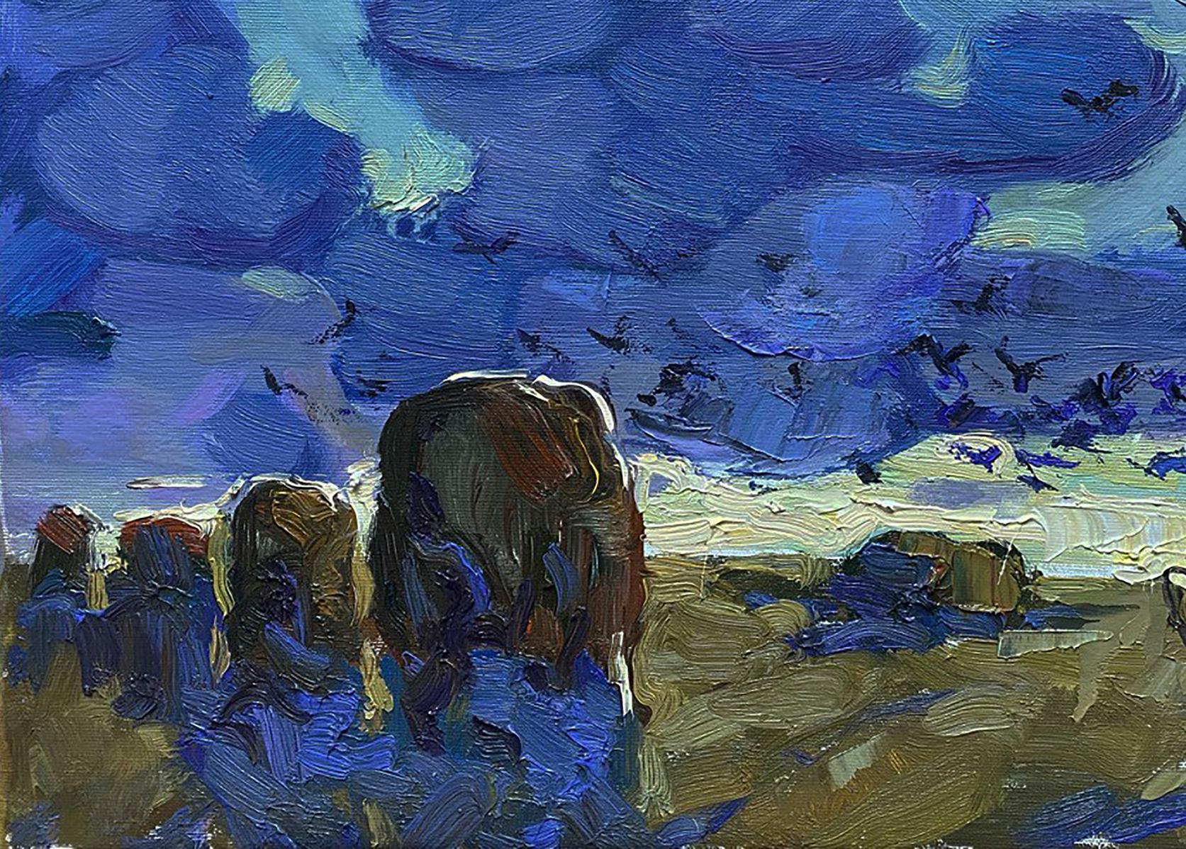 Oil painting The Long Road Home by Oleksiy Ivanyuk with stone monoliths