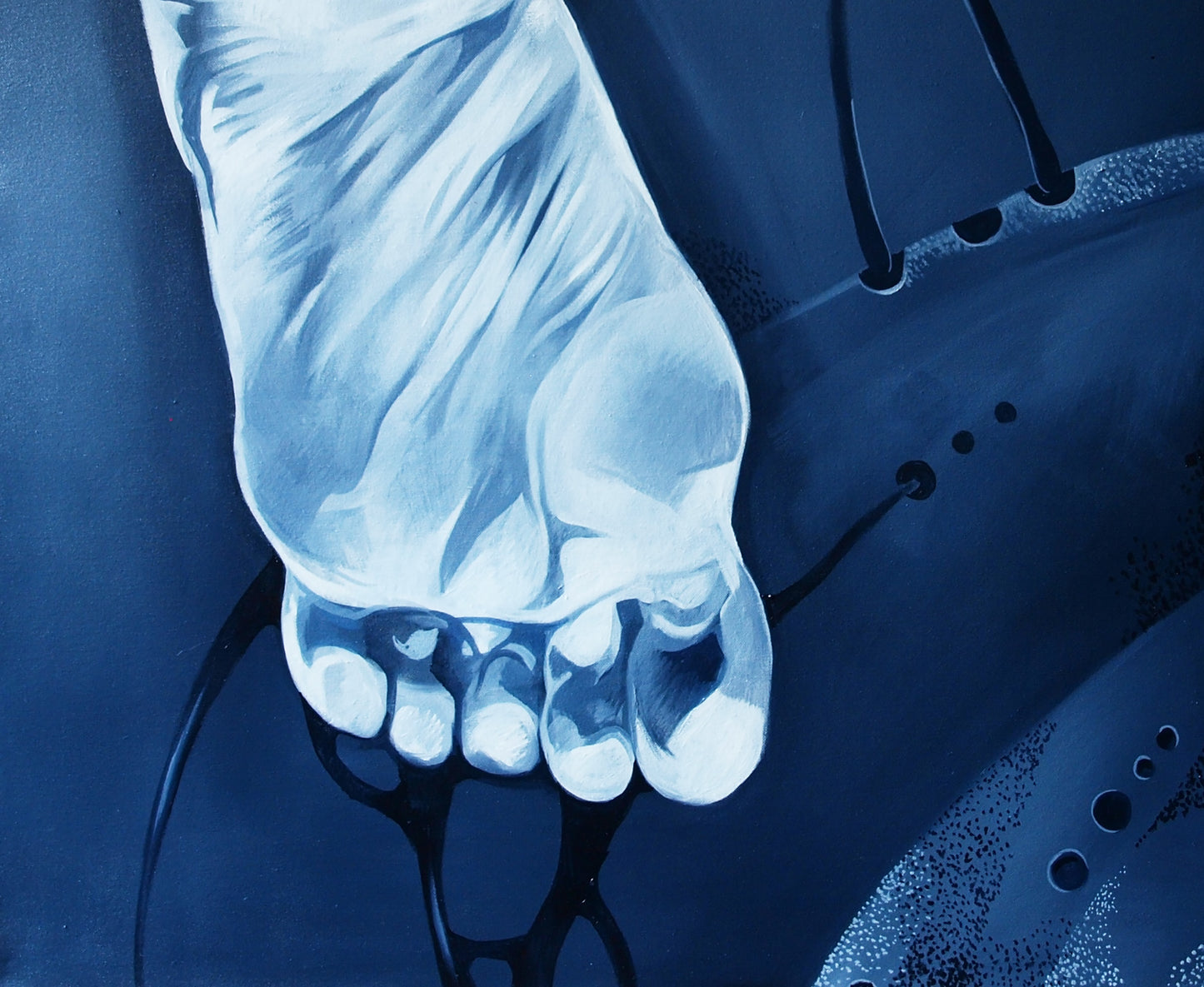 Oil painting Lightness on your feet by Konsta G. Amelinn: pale blue foot on dark blue background