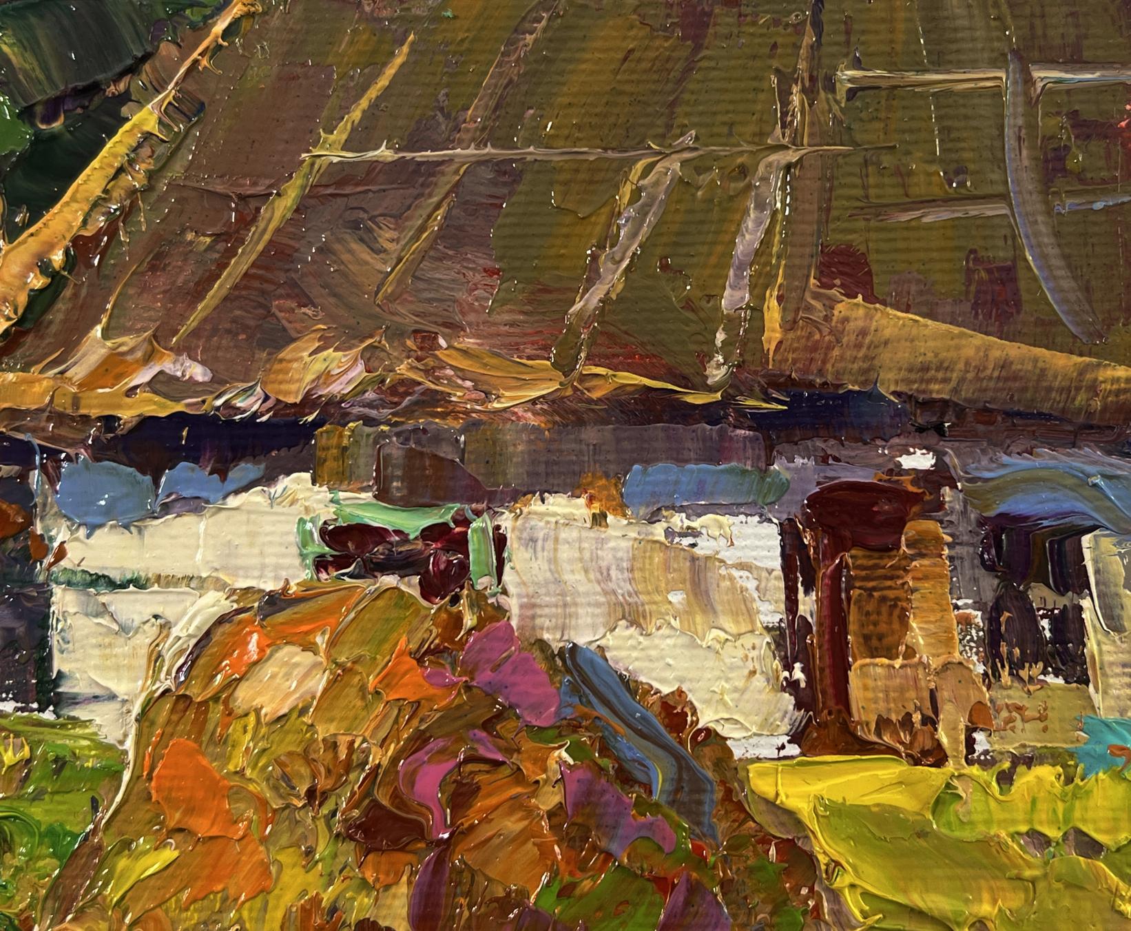 Impasto oil painting of Oksana Ivanyuk village courtyard in earthy tones