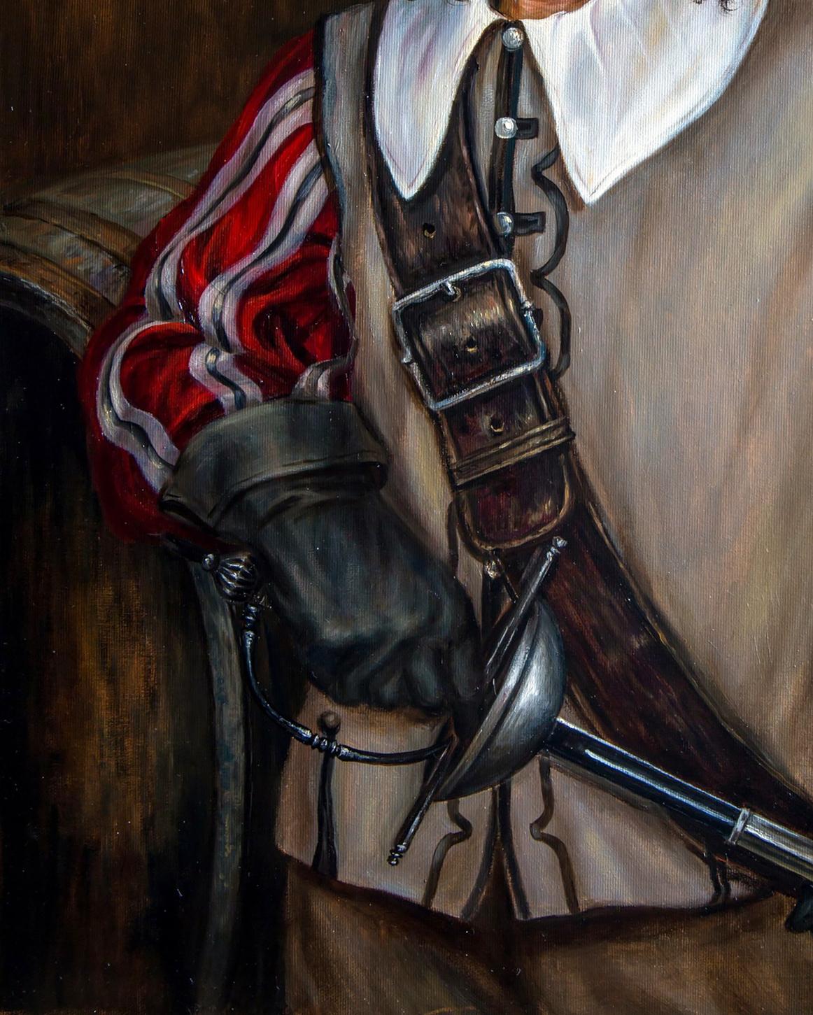 Dark brown leather sword belt with silver buckle in Valeriy Bulat oil painting