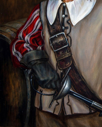 Dark brown leather sword belt with silver buckle in Valeriy Bulat oil painting