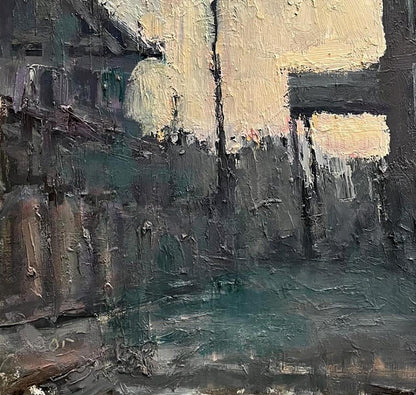Textured oil painting Old town by Volodymyr Pashchenko dimly lit alley