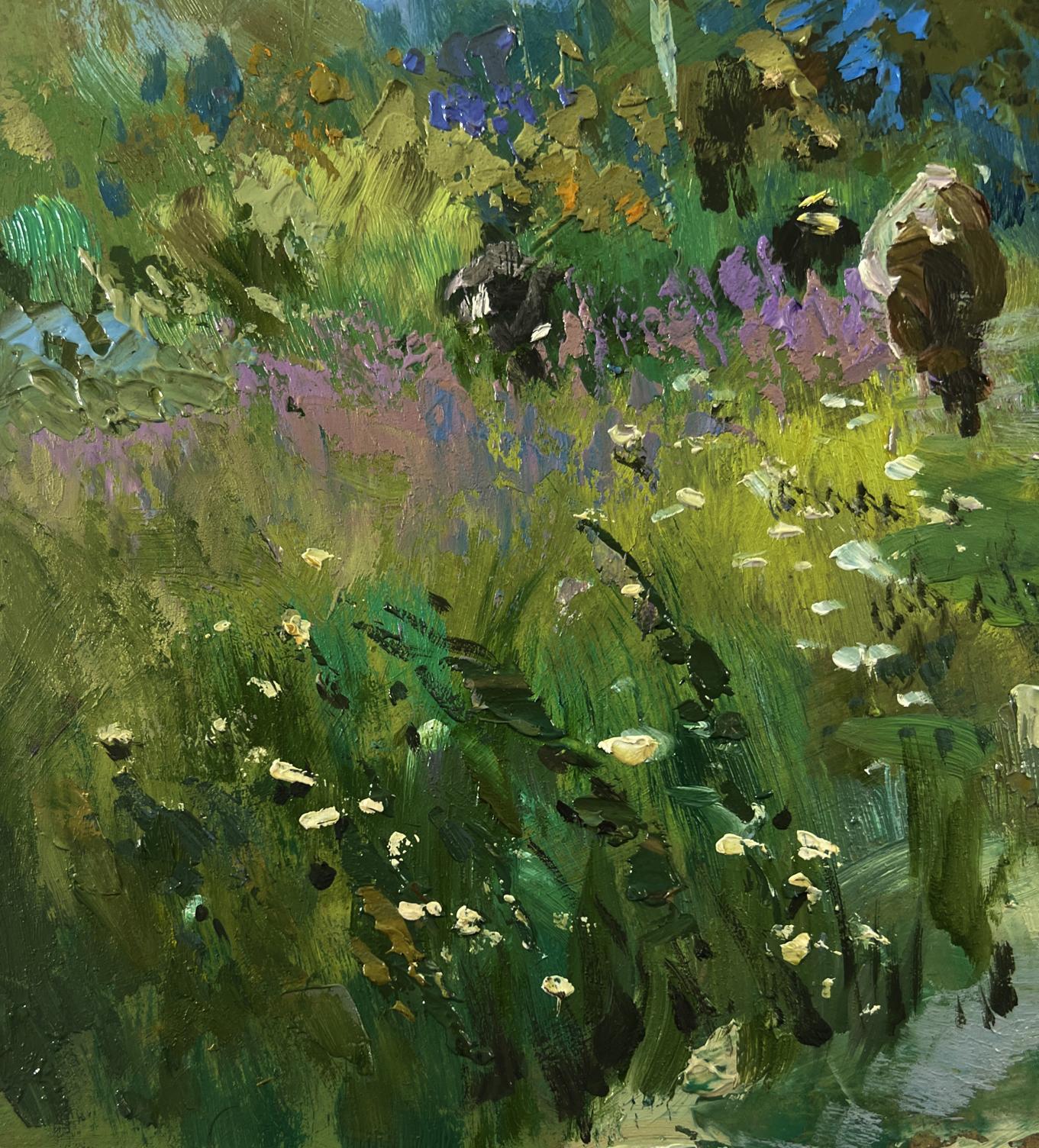 Vibrant impressionist oil painting of lush meadow on summer road to forest by Yuriy Suprunchuk