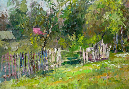 Oil painting On the outskirts Boris Serdyuk: rustic white picket fence in green garden