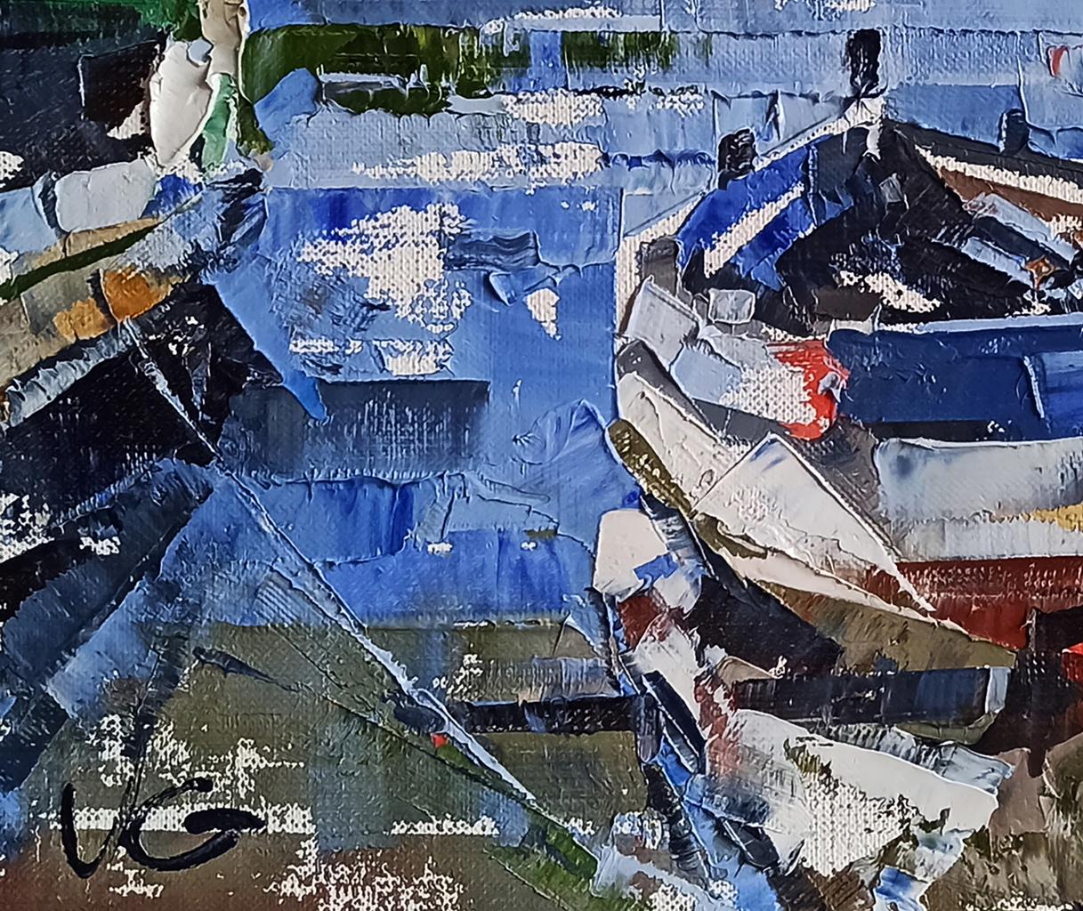 Abstract blue moored boat oil painting by Volodymyr Gluhomanyuk