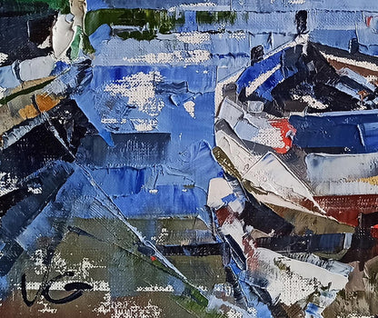 Abstract blue moored boat oil painting by Volodymyr Gluhomanyuk