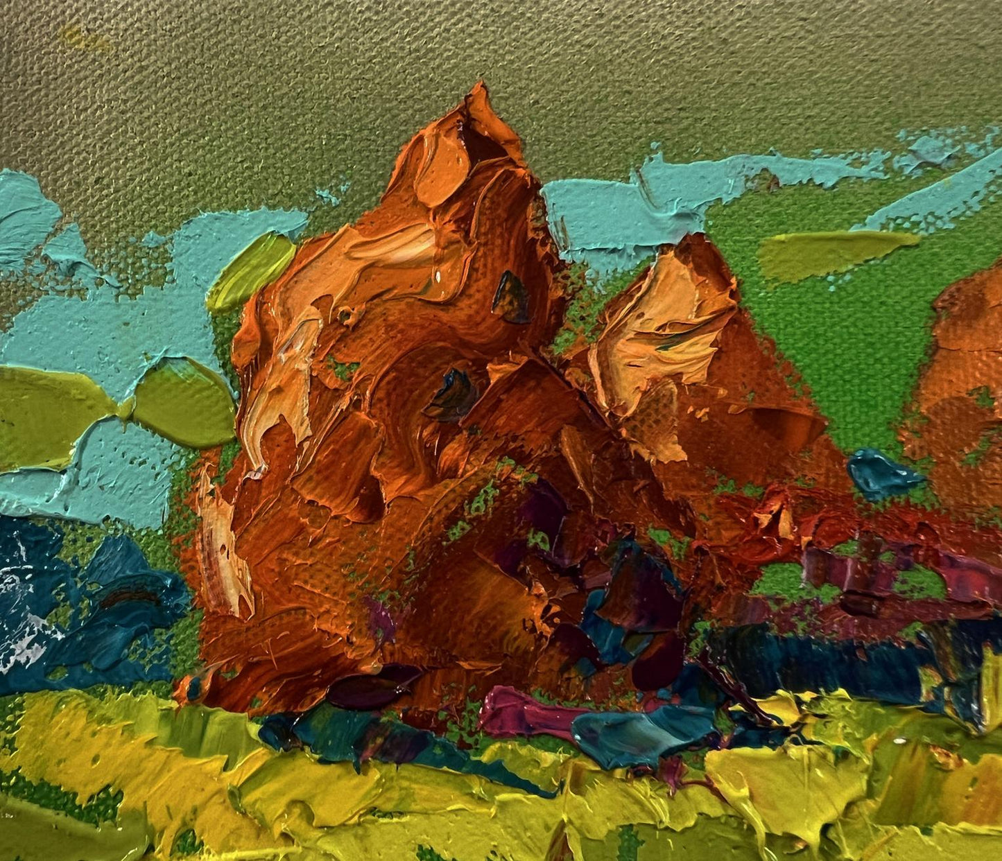 Oil painting Summer fields by Oleksiy Ivanyuk, impasto orange brown mountains on teal green yellow backdrop