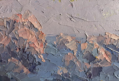 Oil painting Walking on a frosty day by Boris Serdyuk, textured impasto grays and blues