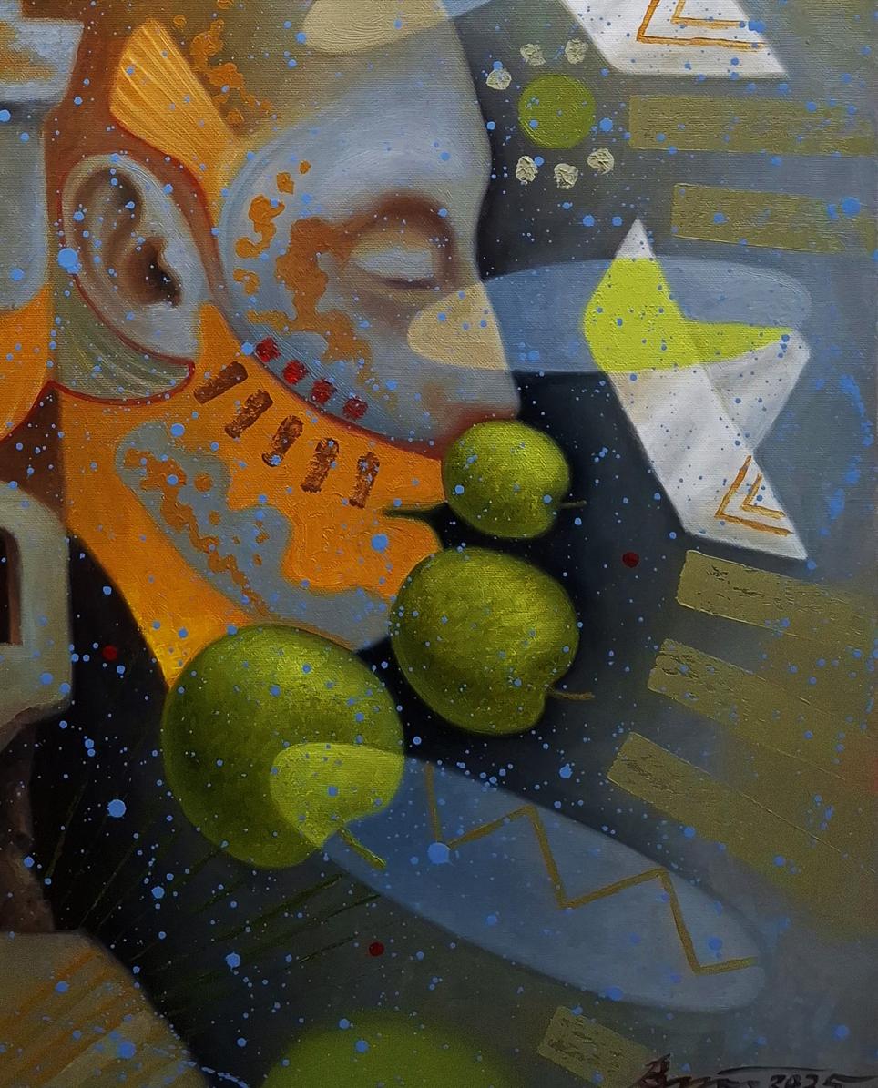 Oil painting A person sees dreams by Sergiy Voichenko with stylized orange-gray face, blue splashes, green apples