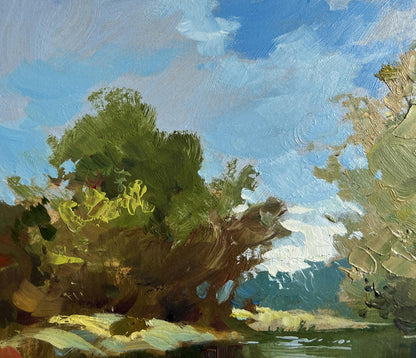 Impressionistic oil painting of boat in green reflections by Yuriy Suprunchuk