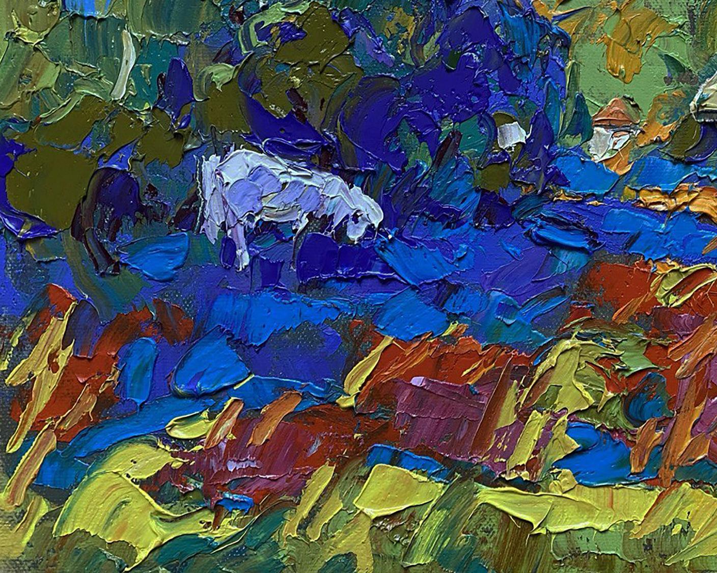 Oil painting In the Evening Field by Oleksiy Ivanyuk with white sheep