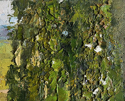 Oil painting Sunny day in birch forest by Boris Serdyuk, impasto green yellow layers