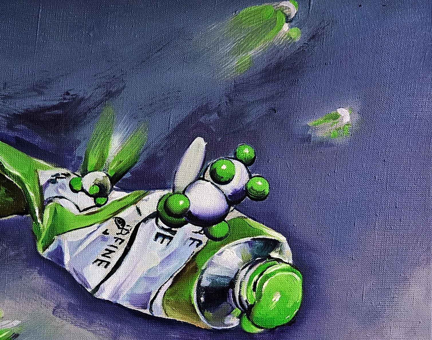 Oil painting of vibrant green white paint tube by Igor Konovalov