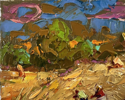 Oleksiy Ivanyuk oil painting of hay harvesting in field with impasto greens