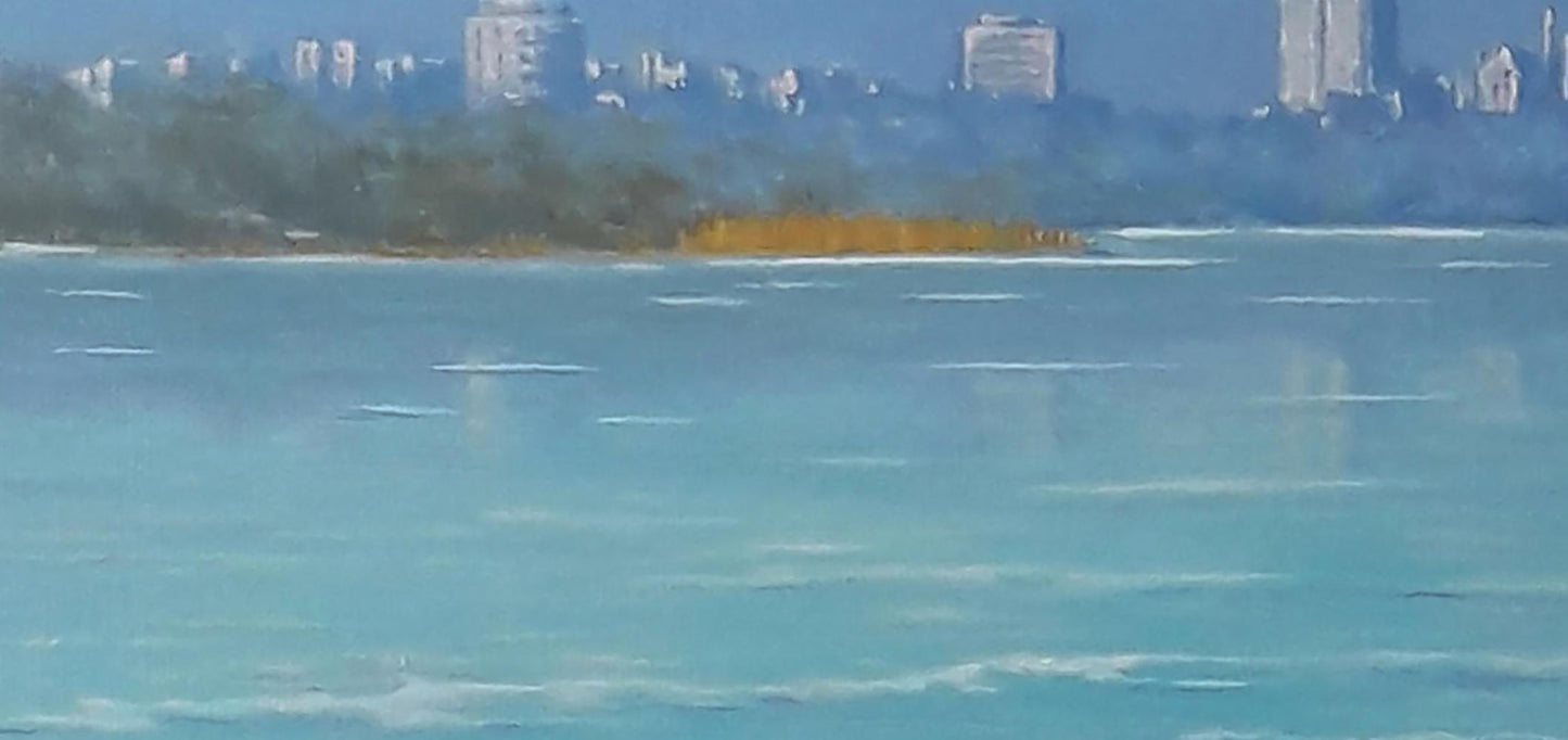 Oil painting by Vasily Korkishko: distant yellow structure on green shoreline overlooking city
