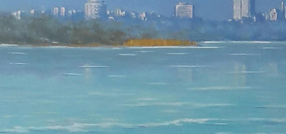 Oil painting by Vasily Korkishko: distant yellow structure on green shoreline overlooking city